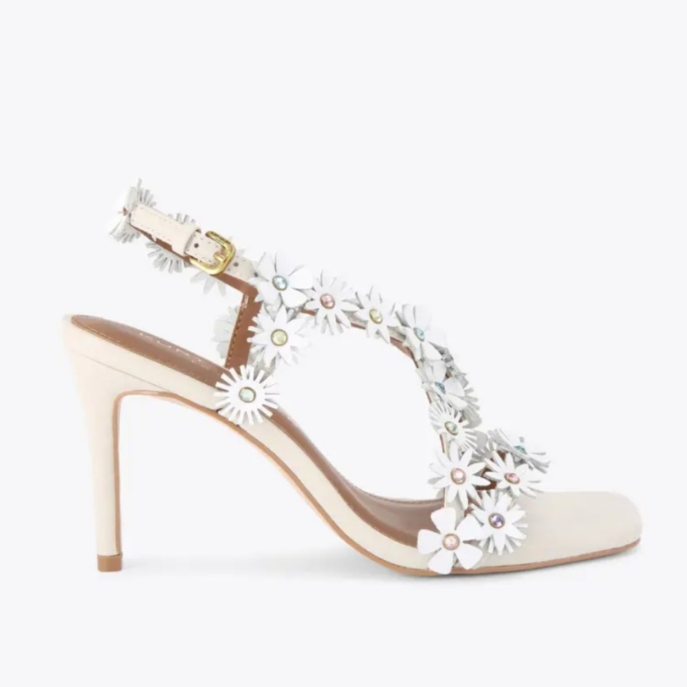 Kurt Geiger Heeled Sandals 9.5 White Leather Flower 3D Rhinestone Bridal New$240 - Picture 5 of 16